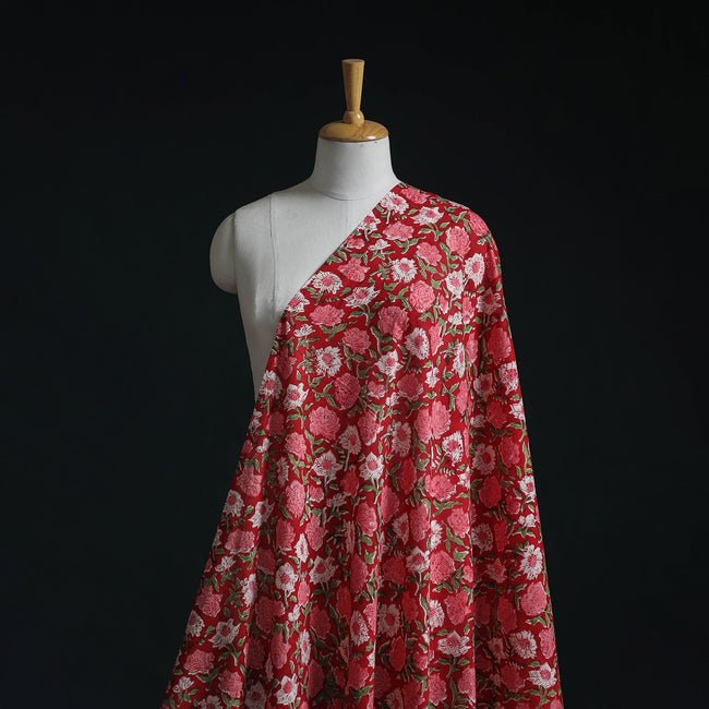 Red - Pure Mul Cotton Hand Block Sanganeri Print Fabric - homesewn