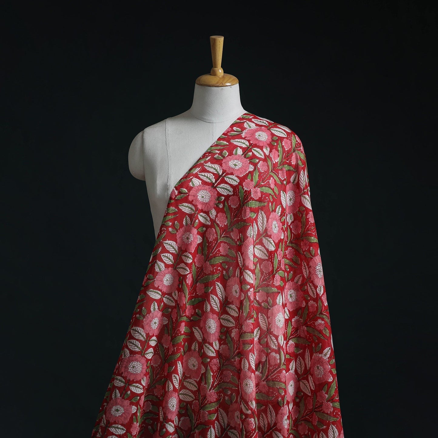 Red Pure Mul Cotton Hand Block Sanganeri Print Fabric - homesewn