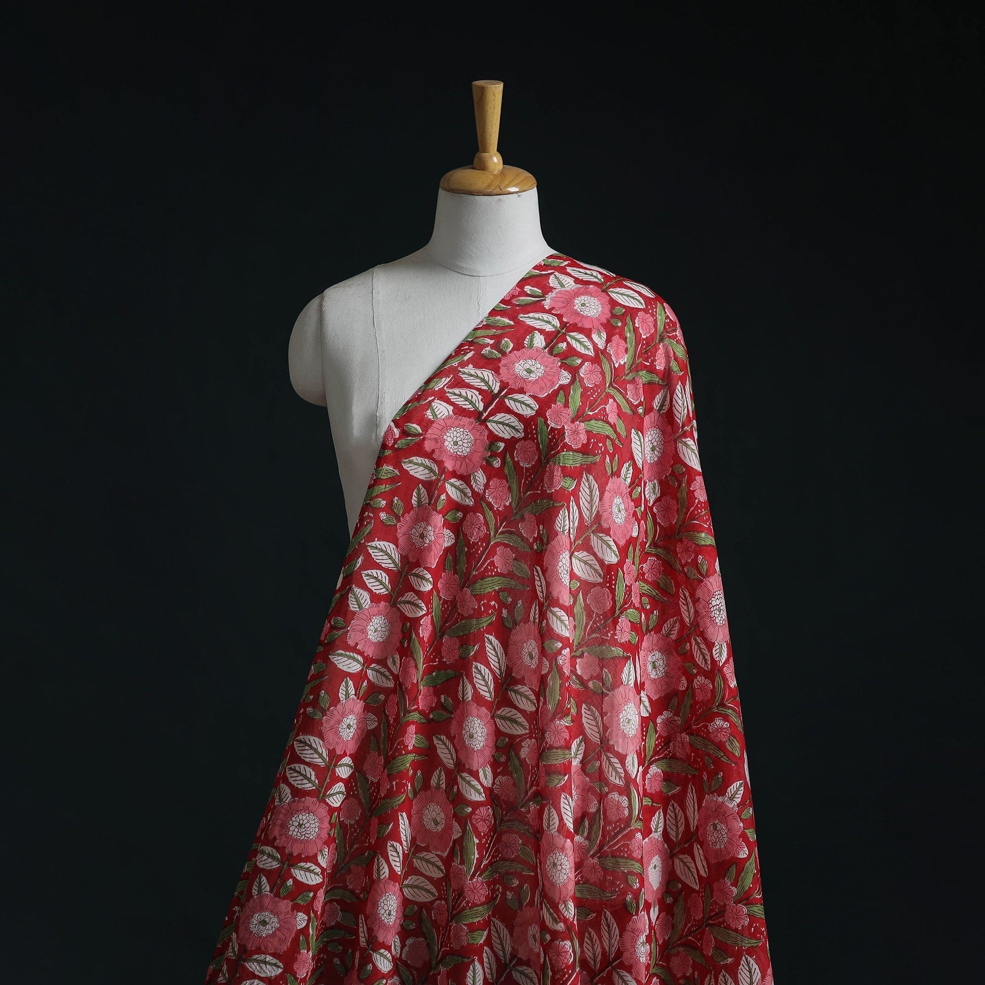 Red Pure Mul Cotton Hand Block Sanganeri Print Fabric - homesewn