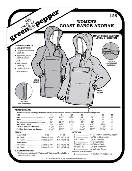 image of the cover of the 125 Womens' Coastal range Anorak sewing pattern.