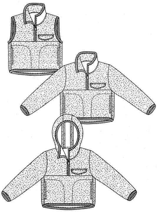 Technical drawing of a jacket, vest, and hoodies with a textured pattern.