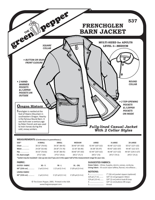 black and white over of frenchglen barn jacket with description of notions and fabrics and sizes.