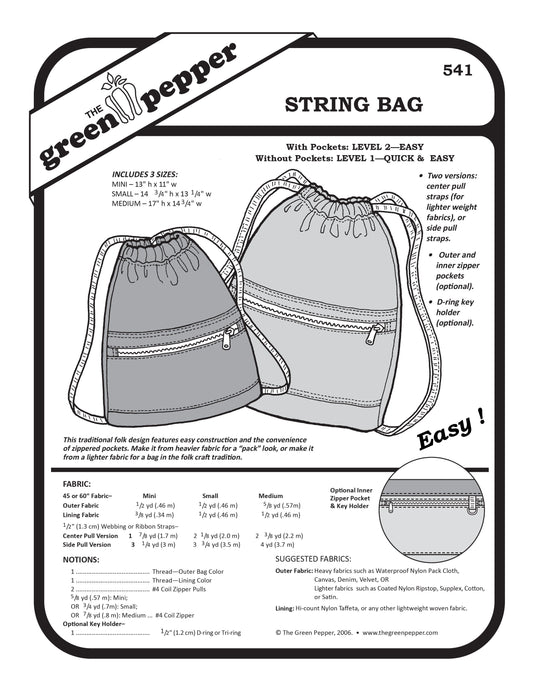 Pattern envelope for 'String Bag' with illustrations and text on a white background