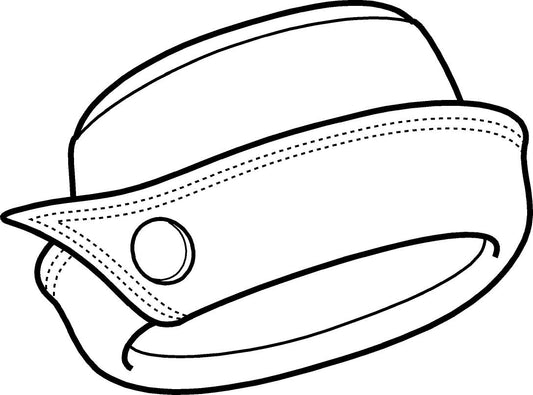 drawing of hat with roll brim, overlapping brim with button