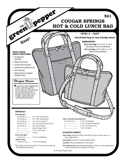 cover of sewing pattern for 561 Cougar Springs Hot & Cold Lunch Bag.