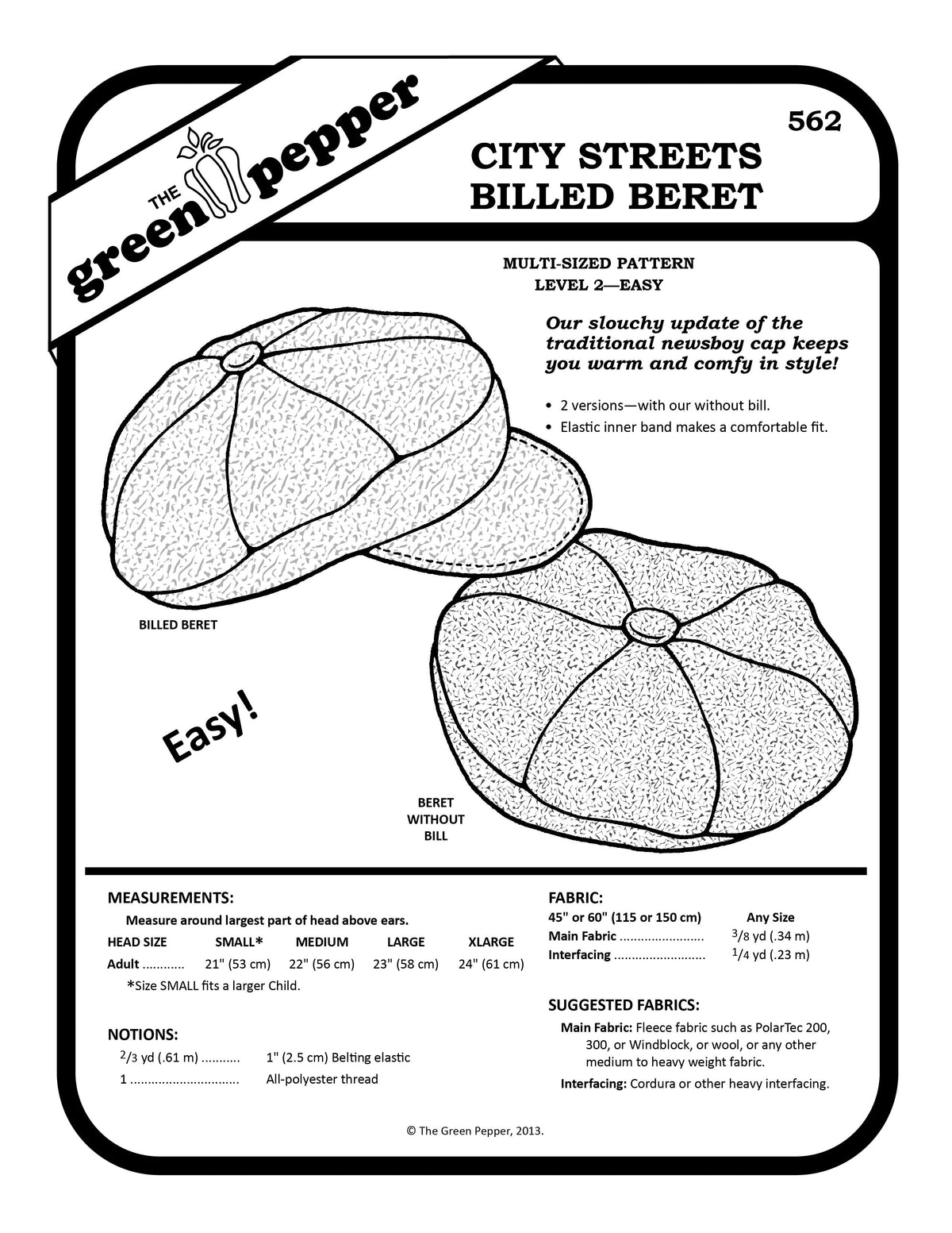 Image of sewing pattern cover for 562 City Streets Billed Beret.