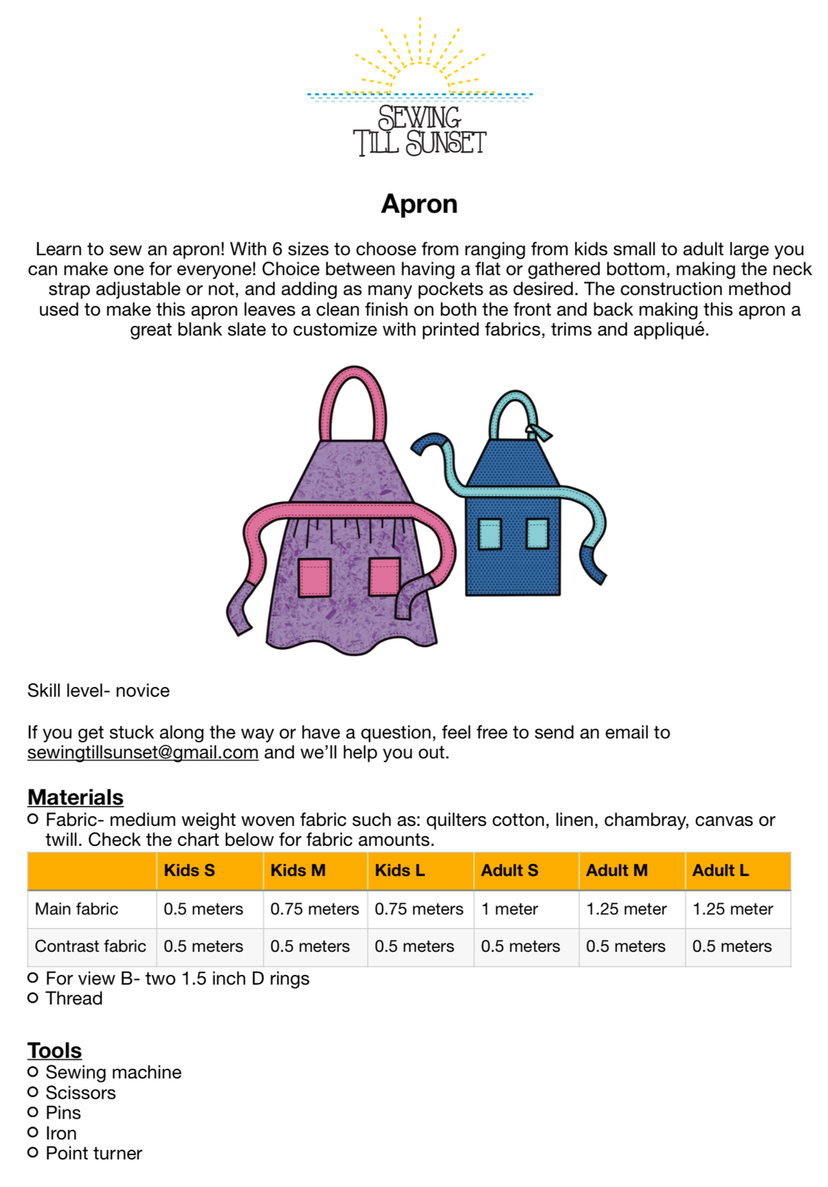 Apron - 6 Sizes, Kids & Adult
