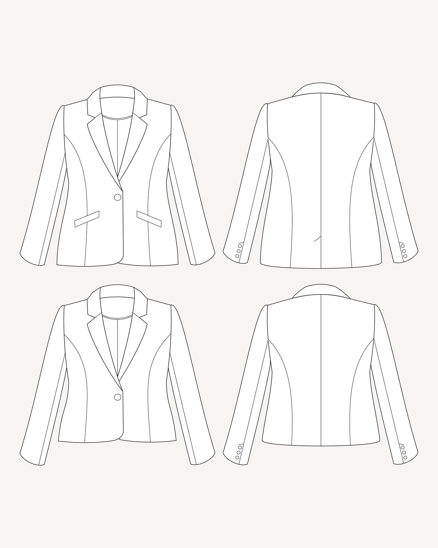 Line drawing of a blazer from multiple angles on a white background. This blazer is the Auburn Blazer sewing pattern from Cashmerette.