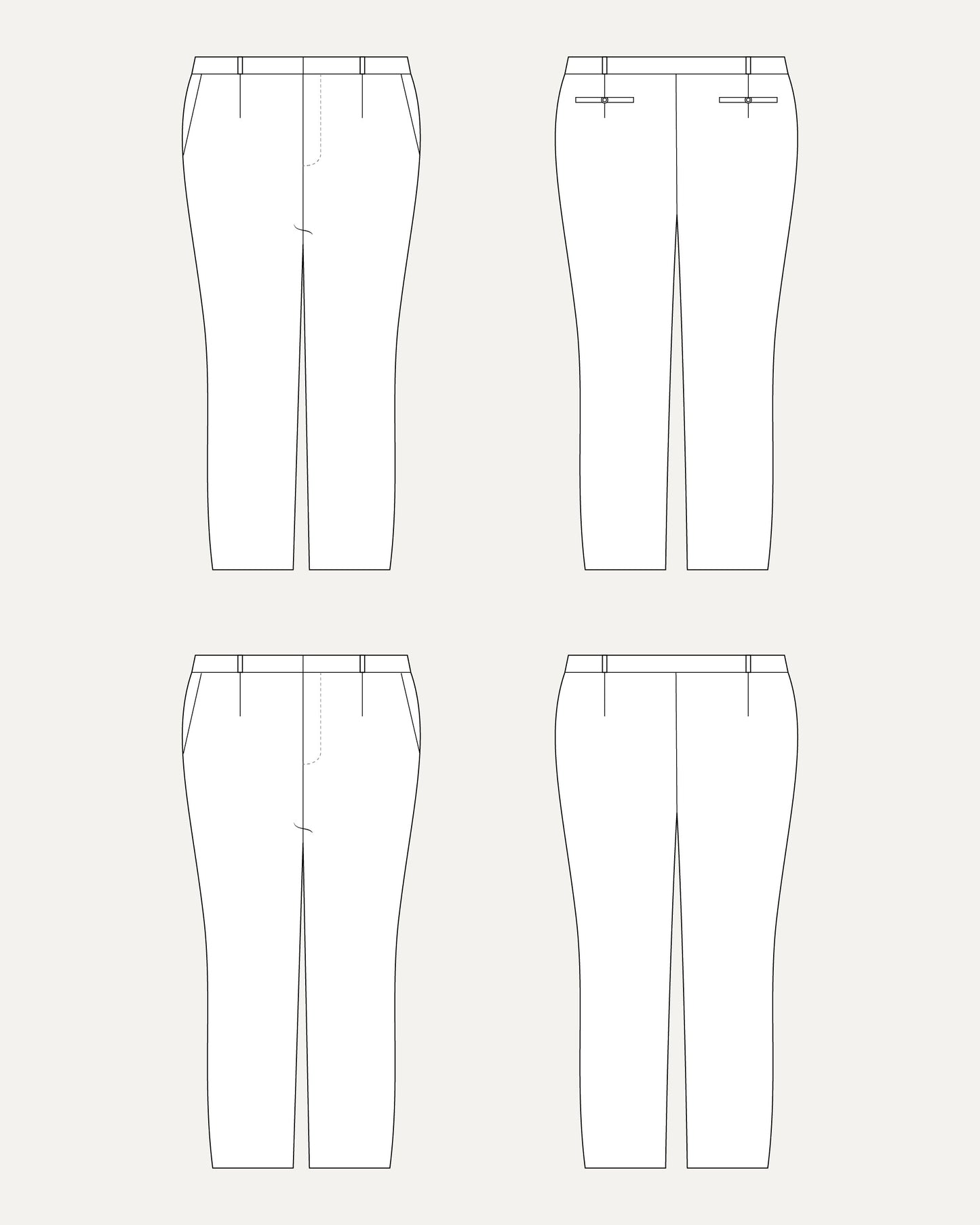 Technical drawing of a pair of pants from multiple angles on a white background. These pants are the Meriam Trousers sewing pattern from Cashmerette.