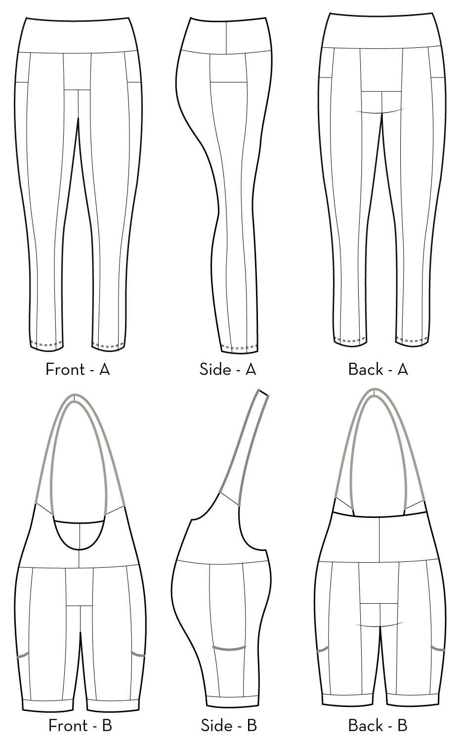 Rouleur Leggings pattern - technical drawings of Views A and B with Front, Side, and Back views