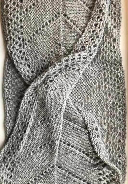 Simple Möbius Scarf, knitted in grey Önling No 1 sustainable wool yarn and Cusi Alpaca