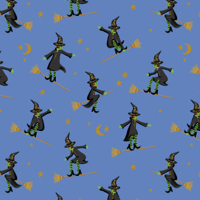 Wicked Witches - Blue Metallic - Rifle Paper Co Halloween quilting cotton