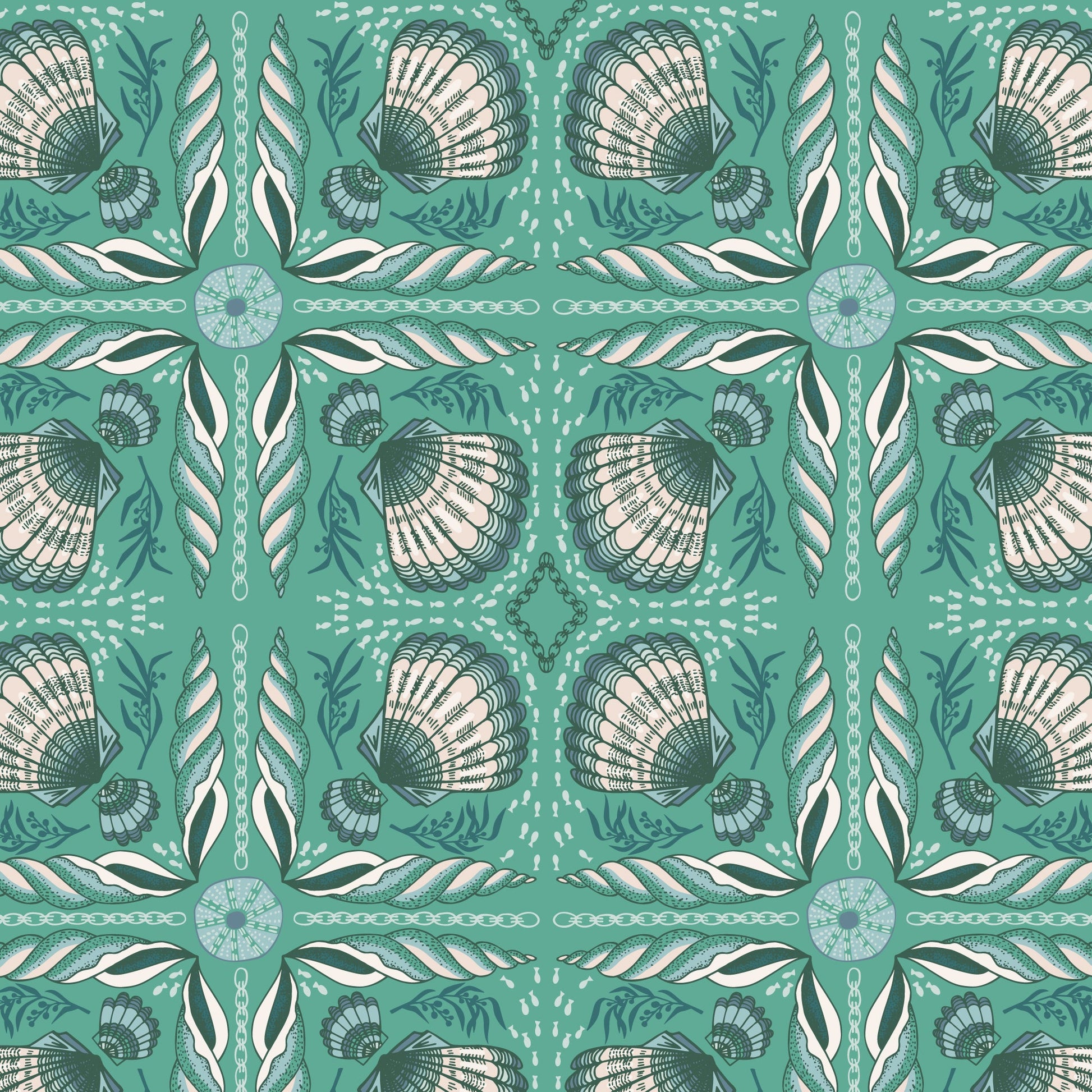 Shell Tile ORGANIC - Green - Seashell Serenade Quilting Cotton fabric - homesewn