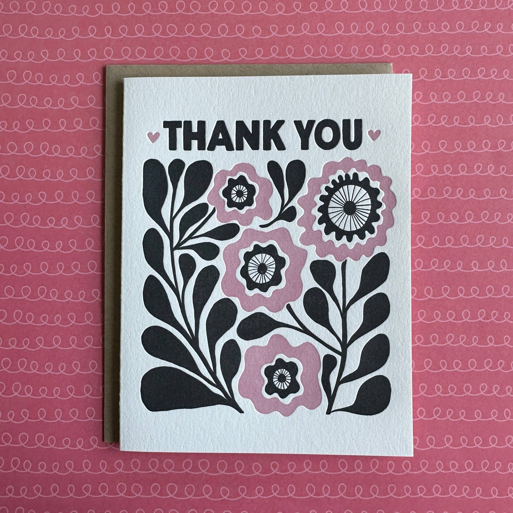 Thank You Pink Flowers - letterpress card - homesewn
