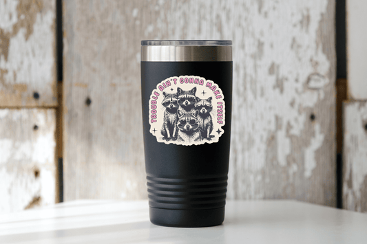 Trouble Ain't Gonna Make Itself Sticker - raccoons, friends - homesewn