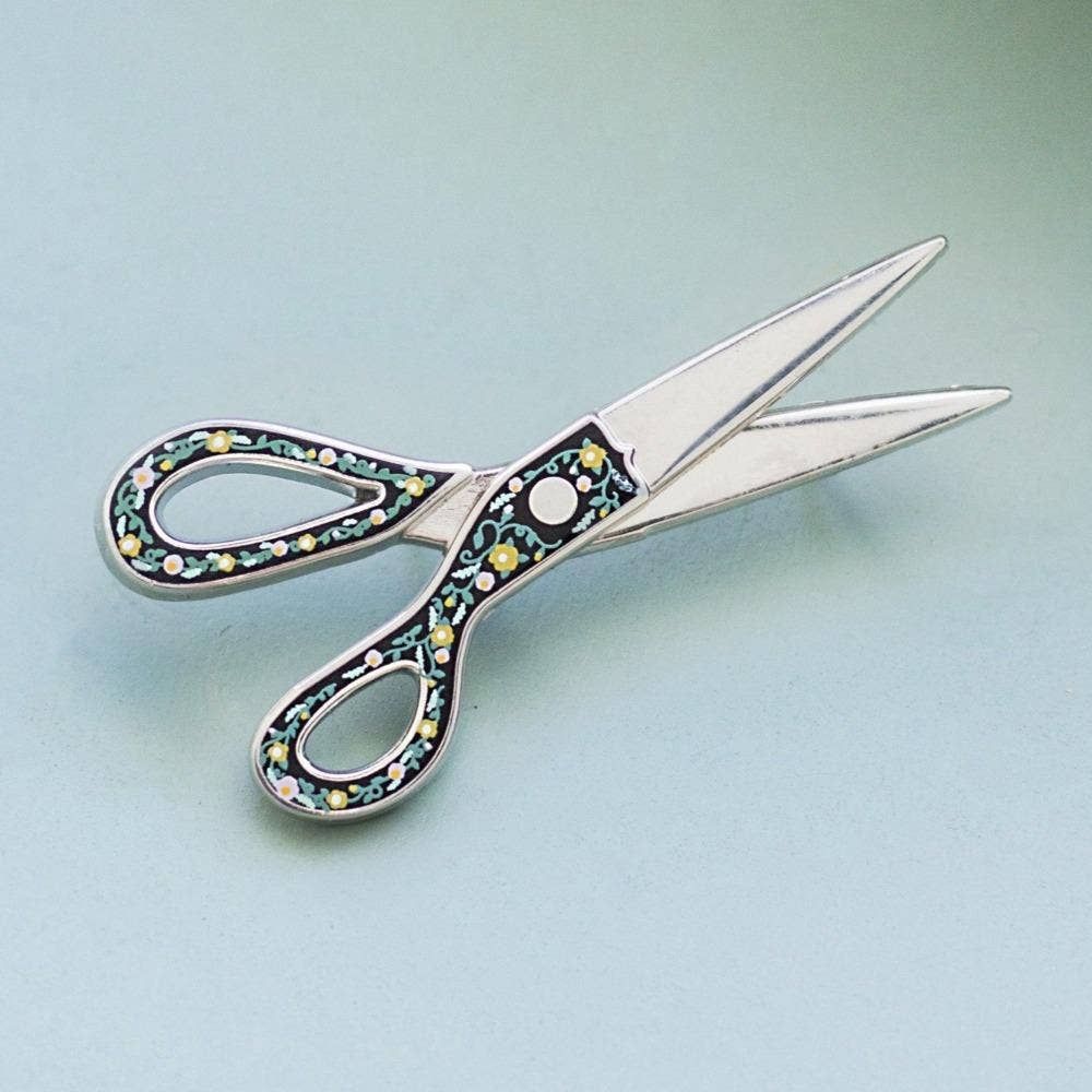 Floral Scissors Interactive Enamel Pin, Sewing Gift, Flowers - homesewn