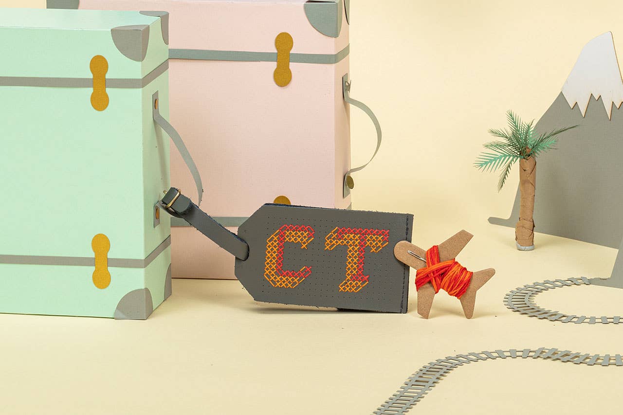 DIY Cross Stitch Luggage Tag Kit - Grey with orange thread
