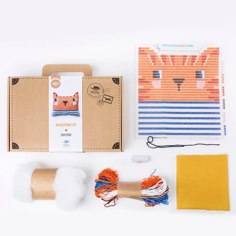 Kids Pillow Needlepoint Kit - Stripes Shirt Kitten - homesewn
