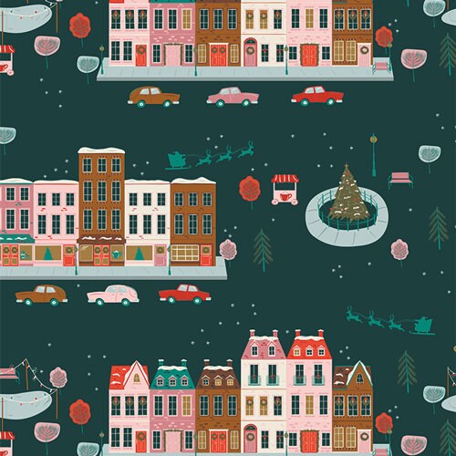 Joyful Boulevard Night - Green - Christmas in the City - homesewn